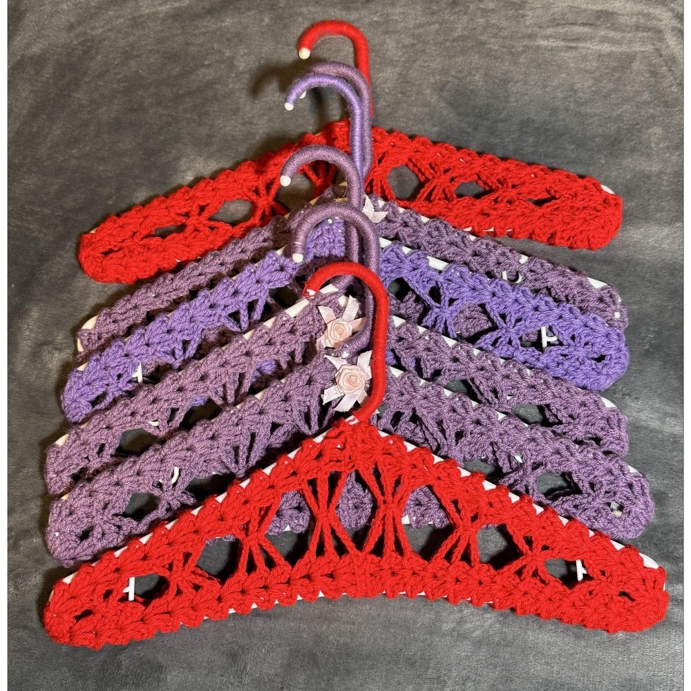 Handmade Crochet Padded Hangers Set Of 6 Red Purple Non Slip Top Dress